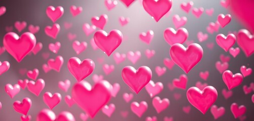 Pink hearts float from unseen source; gentle, loving, caring atmosphere, light, whimsical