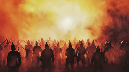 Fototapeta premium Warriors Marching Through Misty Battlefield at Dusk