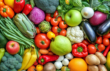 Top-down close-up of fresh fruits and vegetables in natural lighting
