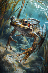 A Vibrant Encounter with an African Clawed Frog in Its Natural Pond Habitat, Featuring Aquatic Plants and Unique Physical Traits