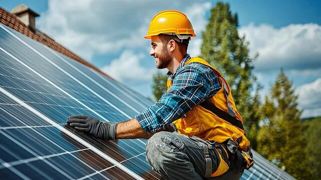 Solar Panel Technician at Work: A skilled technician, clad in safety gear, meticulously installs solar panels on a rooftop, set against a backdrop of a vibrant blue sky and fluffy clouds.