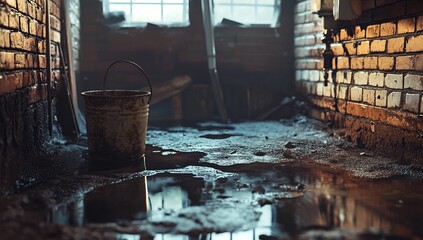 Rusty Metal Bucket in a Damp Brick Basement