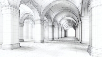 Architectural Interior Wireframe with Vaulted Arches and Columns Showing Geometric Network Structure Perspective in a Bright White Hallway
