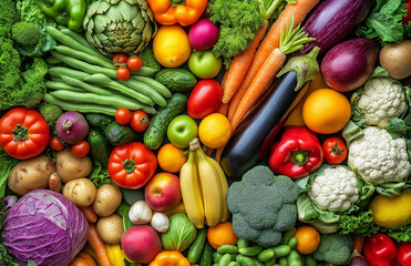 Top-down close-up of fresh fruits and vegetables in natural lighting