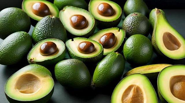 Fresh ripe green avocados halved and whole arranged on dark background