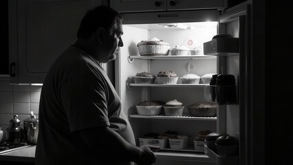 In the quiet of the night a man gazes into an open refrigerator captivated by an array of decadent desserts. The soft glow highlights his contemplation of late night indulgence.