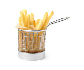 Delicious French fries in metal basket isolated on white