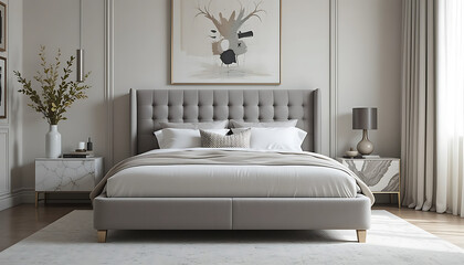 "My home boasts a velvet bed in soft gray, paired with a marble nightstand and a modern art piece. The neutral tones create a calming and elegant atmosphere."


