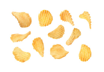 Tasty ridged potato chips on white background, collage