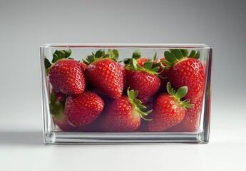 A clear glass container holds fresh, vibrant strawberries, showcasing their bright red color and green leaves against a soft gray background.
