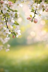 Fototapeta premium A romantic orchard in full spring bloom, with delicate blossoms cascading from fruit trees under soft sunshine. A tranquil, photorealistic scene filled with natural beauty and serenity