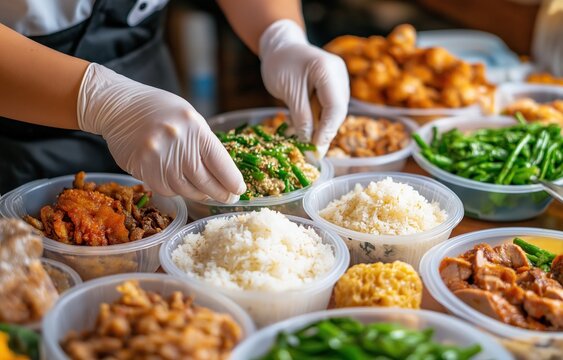 A person with gloved hands arranges various dishes, including rice and vegetables, in plastic containers at a food preparation area.