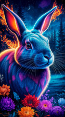 Mystical Rabbit in a Vibrant Nighttime Forest Scene