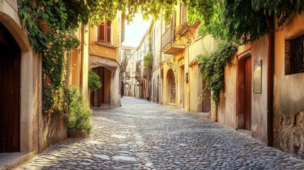 Obraz premium Sunlit Cobblestone Street in Historic Italian Town