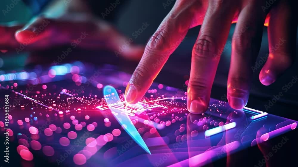 Poster digital touch: a person's hand interacts with a glowing digital interface, suggesting cutting-edge t