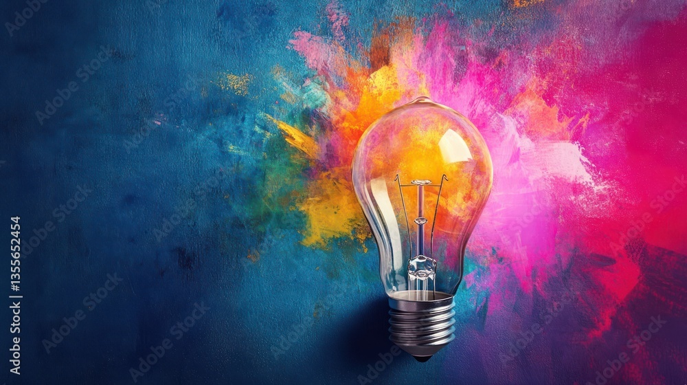 Poster brilliant idea: a lightbulb against a colorful abstract background