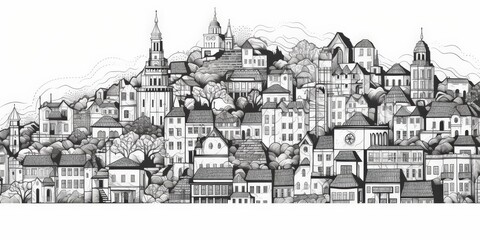 Obraz premium Hand-drawn Townscape Buildings cascade up hill, detailed black and white illustration, trees interspersed, sky background