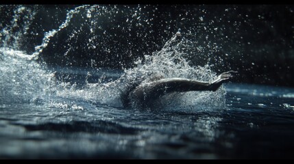 Swimming butterfly stroke: A swimmer performing the butterfly stroke in an Olympic-size pool, water splashing dramatically with each stroke.