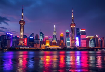 Obraz premium Shanghai's futuristic skyline ablaze with dusk and night lights, reflecting on the Huangpu River, night, bright