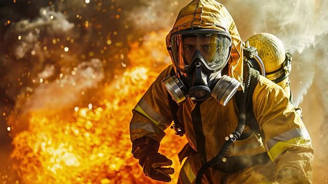 Heroic Firefighter: A courageous firefighter, clad in protective gear, fearlessly confronts a raging inferno, embodying bravery and dedication in a high-stakes emergency scene.