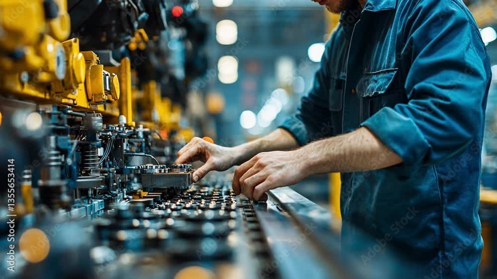 Poster precision in progress: a skilled worker meticulously assembles components within an industrial facil