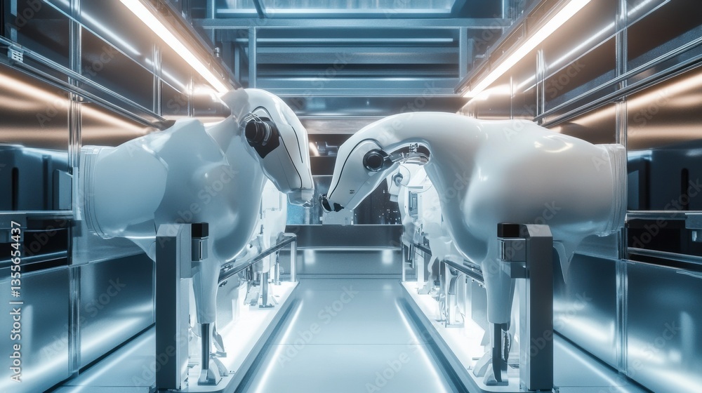 Poster Futuristic automated milking station showcases advanced robotics for dairy efficiency and animal comfort in a high-tech farming environment