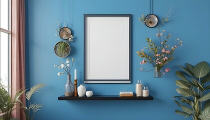 3D A vibrant arrangement on a blue wall featuring a mock-up poster frame, a black shelf, design accessories, and decorations such as candels and leaf-adorned vases.  Interior design