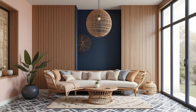 sophisticated color palette of blush and navy with natural wood textures, woven rattan, and geometric tiling.