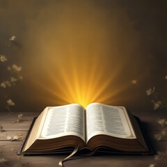 Open Book with Light Beams Glowing on a Wooden Surface