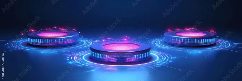 Poster Futuristic digital network concept with layered design featuring glowing blue gradients and interconnected nodes for advanced technology