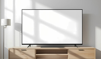 A modern flat-screen TV with a blank screen sits on a light wood media console. Sunlight streams through a nearby window, casting shadows. Perfect for showcasing your content.