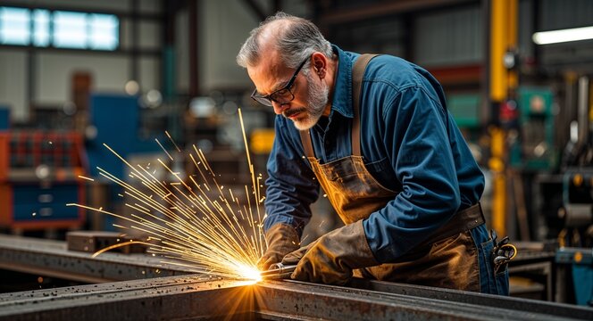 Focused middle aged man in metal shop cutting steel welding work photography model