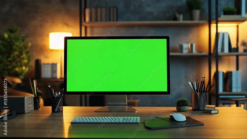 Aufkleber a workstation featuring a desktop computer with a green screen,