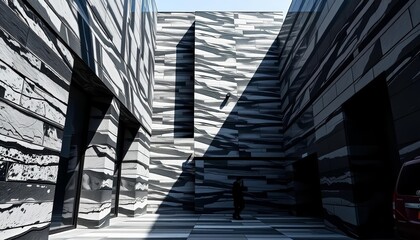 Naklejka premium Sleek black and white stone facade, modern architecture, full frame, city