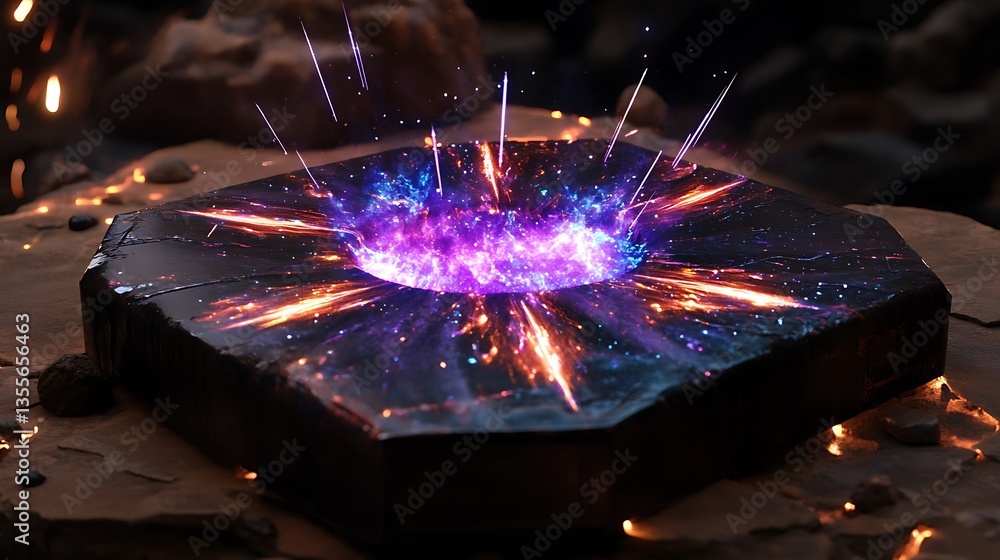 Poster a glowing energy portal within a stone hexagonal platform