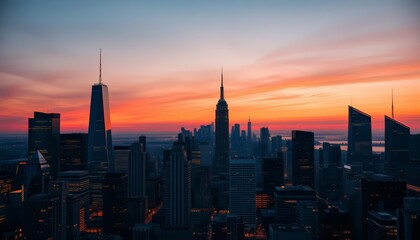 Fototapeta premium Sleek city skyline at dusk, perfect for business presentations, development, illuminated