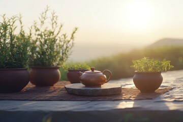 Outdoor tea ceremony at sunrise, rustic pottery, tranquil scene