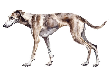 Fototapeta premium Watercolor painting of a running greyhound dog against a white background