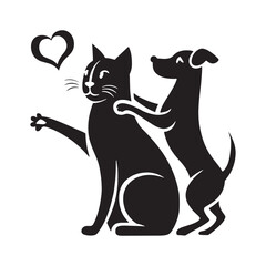 Cartoon illustration of a black cat and dog with a heart, featuring a cat and mouse, cat and dog, cute, funny, and silhouette design, perfect for Halloween and animal lovers