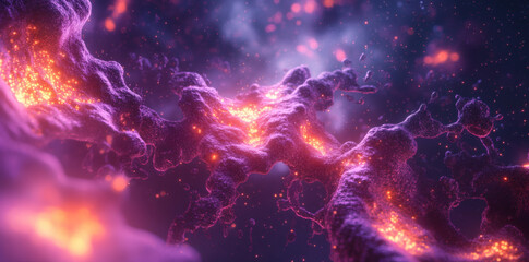 Fototapeta premium Dramatic Abstract Nebula with Swirling Clouds in Deep Space Featuring Vibrant Orange and Purple Hues Enhanced by Glowing Particles and Complex Textures