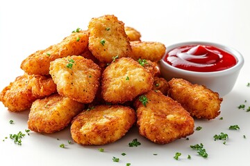 Golden-brown chicken nuggets, crispy and delicious, served with a side of ketchup. Perfect for a quick and satisfying meal!