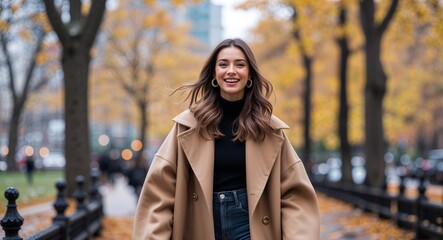 Fototapeta premium Smiling young woman in oversized coat walking in city park autumn urban chic photography model