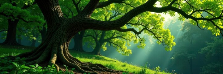 Naklejka premium Twisted branches stretch from isolated tree trunk, greenery, forest