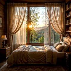 A cozy bedroom with a view of a spring forest bathed in morning sunlight.