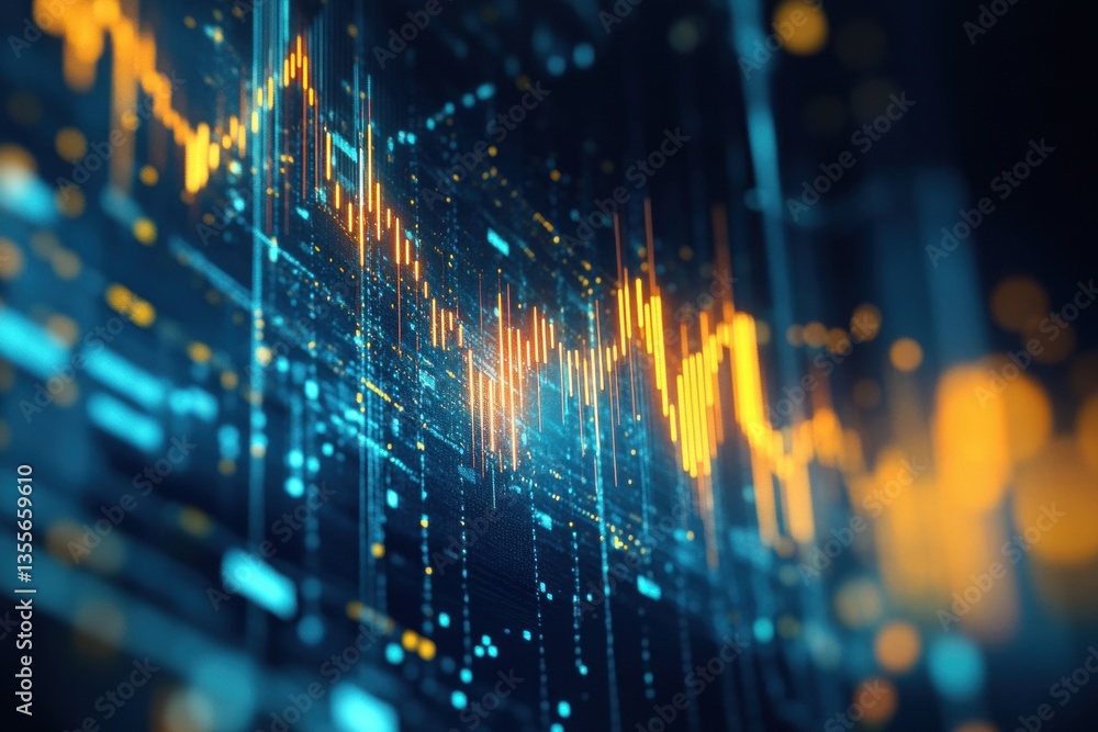 Poster dynamic visualization of stock market growth charts merging with political symbols in a blue and gol