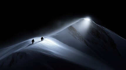 Two climbers ascend a snow-capped mountain peak at night, illuminated by a bright light source