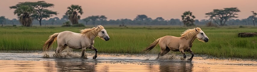 Horses running sunset savanna.