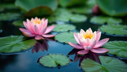 Water lilies, lotus blossoms create floral pattern on serene lake surface, lake, art, pond