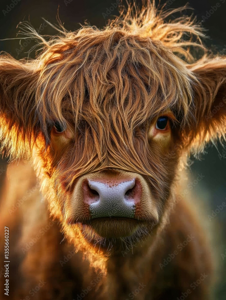 Poster close-up of a cows face with soft fur textures illuminated by warm sunlight in a rural farm setting