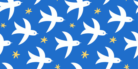 Seamless abstract pattern with birds and stars
